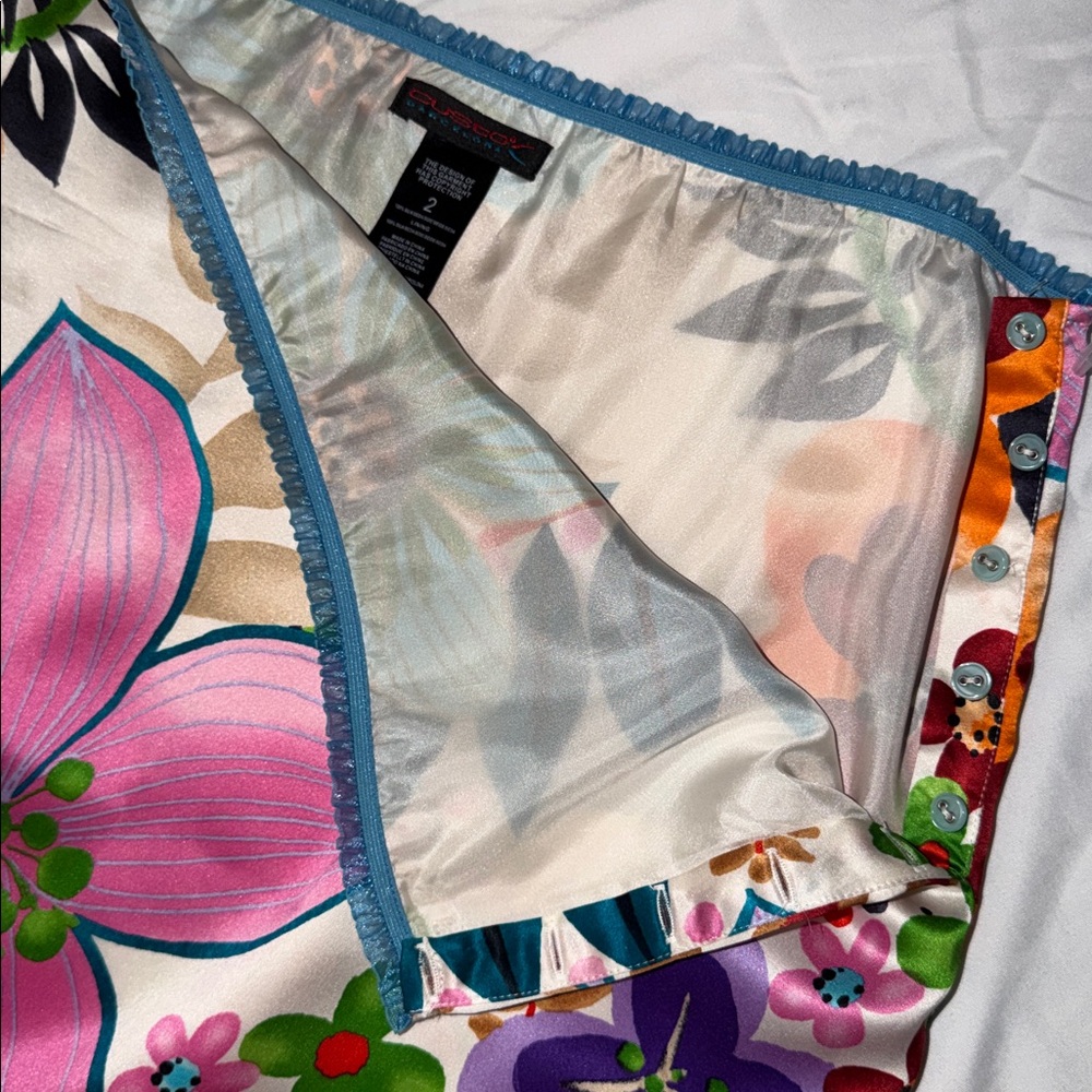 CUSTO BARCELONA Colorful Floral Print Ruffle Lace Trim Silk Skirt, size 2 - Picture 6 of 12